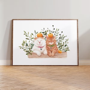 Cat and Plant Poster, Cat and Mandarin Printable, Watercolor Cat Print, Cat Lover Gift, Cute Cat Artwork, Orange Cat Art, Digital download