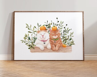 Cat and Plant Poster, Cat and Mandarin Printable, Watercolor Cat Print, Cat Lover Gift, Cute Cat Artwork, Orange Cat Art, Digital download