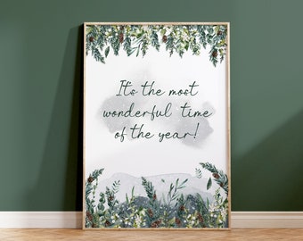 Christmas Wall Art, Winter Quote Art, It's the most wonderful time of the year, Christmas Printable, Cozy Winter Art, Winter Greenery Print