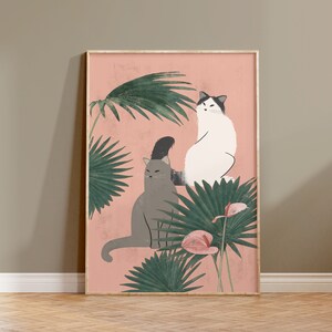 Printable Cats and Tropical Plants Wall Art, Boho Cat Wall Art, Cat Printable Art, Cats Poster, Cute Cat Print, Cat Plant illustration