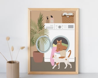 Cats In Laundry Room Wall Art, Laundry Room Digital Print, Boho Cat and Plant Poster, Laundry Decor Poster, Animal Art Print, Cats Artwork