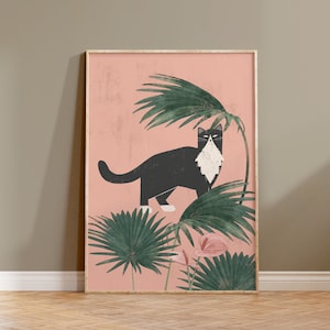 Printable Cat and Tropical Plants Poster, Boho Cat Wall Art, Cat Printable Artwork, Black Cat Poster, Cute Cat Print, Cat Plant illustration