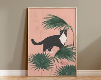 Printable Cat and Tropical Plants Poster, Boho Cat Wall Art, Cat Printable Artwork, Black Cat Poster, Cute Cat Print, Cat Plant illustration