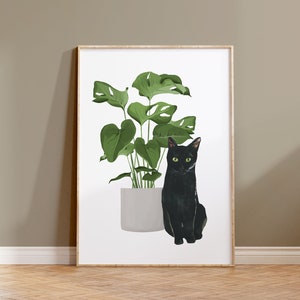 Black Cat Monstera Wall Art, Black Cat Artwork, Cat and Plant Poster, Watercolor Cat Print, Cat Lover Art, Cat House Plant, Monstera Print