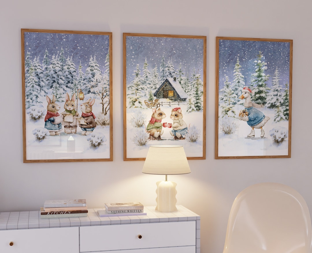 Christmas Wall Art Set Watercolor Christmas Holiday Wall Etsy
