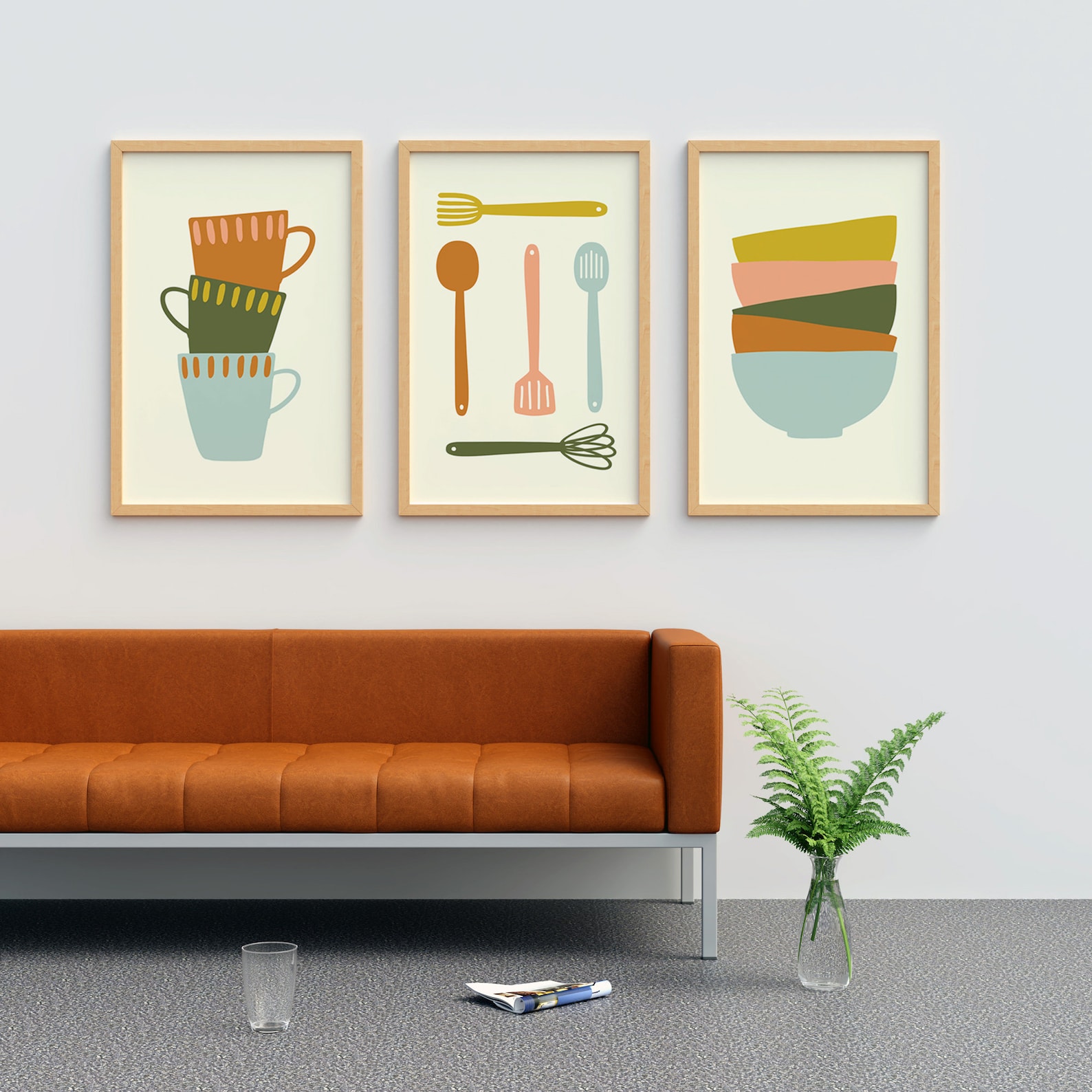 Kitchen art set of 3 Prints Cooking utensils Print Boho Etsy