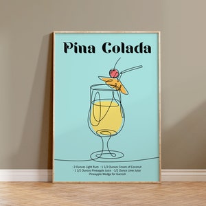 Pina Colada Digital Print, Cocktail Wall Art, Cocktail Recipe Print, Line Drawing Art, Kitchen Print, Printable Pina Colada, Bar Cart Art