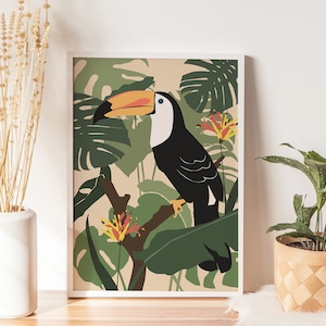 Impresión de pájaro tucán, póster de pájaro tropical, arte de pared de jungla, decoración de pared tropical, arte de pared de tucán imprimible, ilustración de pájaro, obra de arte de tucán