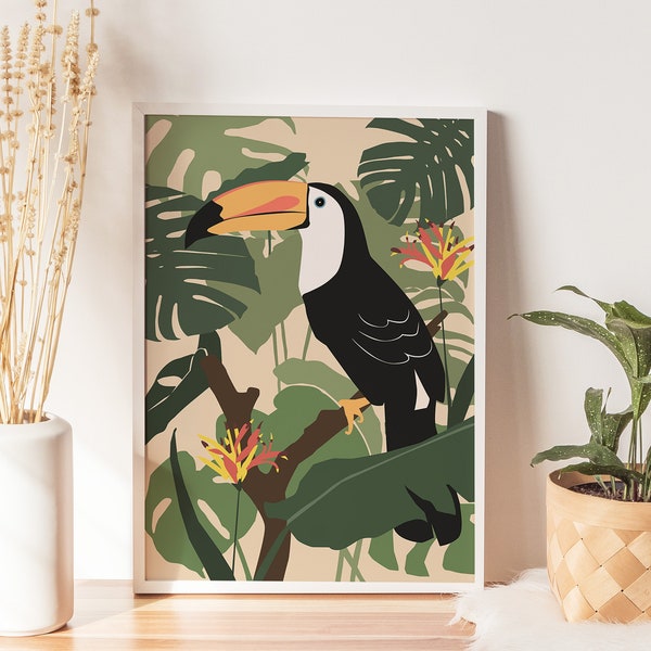 Toucan Bird Print, Tropical Bird Poster, Jungle Wall Art, Tropical Wall Decor, Printable Toucan Wall Art, Bird Illustration, Toucan Artwork