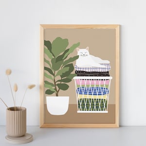 Wäsche und Katze Wandkunst, Waschküche Digitaldruck, Waschküche Kunstwerk, Katzenpflanze Poster, Wäsche Poster, Wäsche Illustration