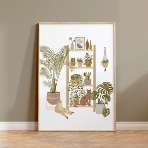 Printable Boho Home Garden with Cats Wall Art, Cat Digital Print, Cat and Plant Poster, Cat Artwork, Cat Home Decor, Boho Plant Interior Art