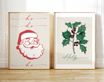 Set of 2 Christmas Printable, Santa Art Print, Holly Leaves Art, Minimalist Christmas, Christmas Wall Decor, Holiday Art, Digital Download