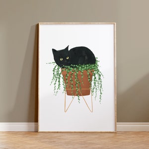 Printable Black Cat Wall Art, Black Cat Artwork, Cat and Plant Poster, Watercolor Cat Print, Cat Lover Art, Cat Digital Print, House Plant