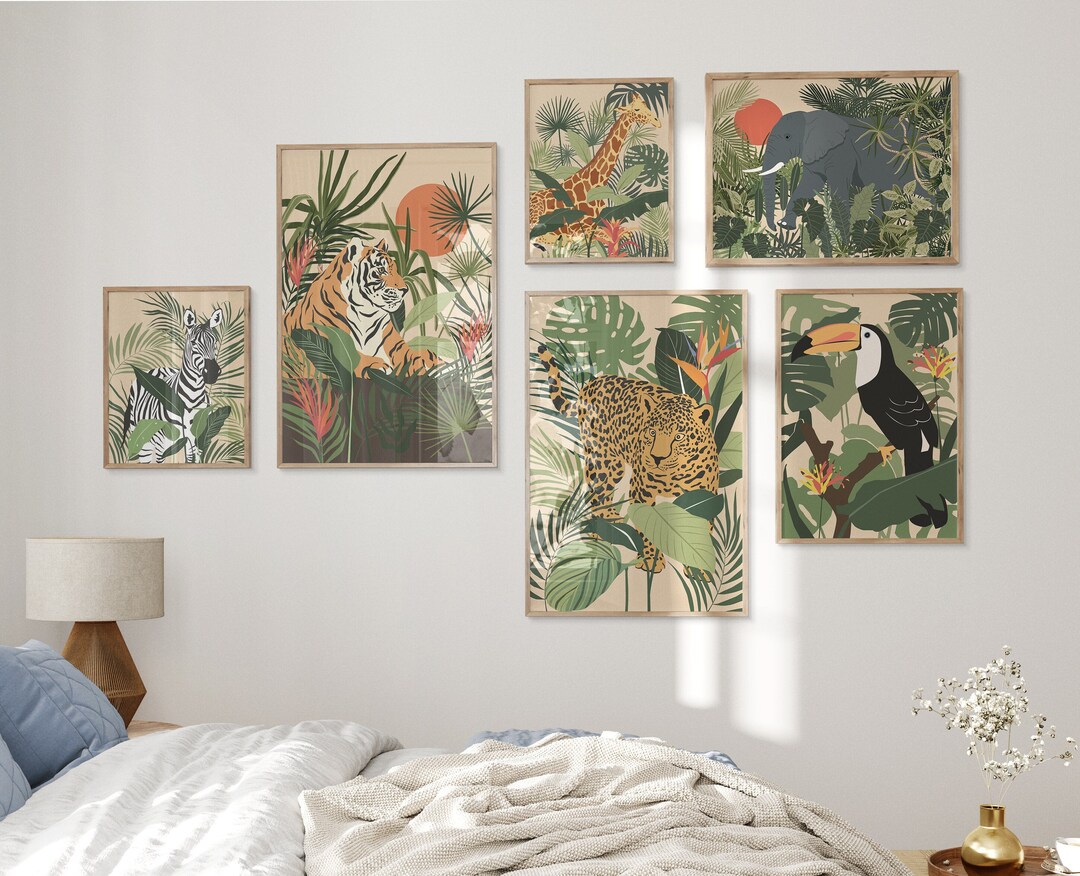 Set of 6 Animal Jungle Prints, Home Gallery Wall Art, Leopards Print