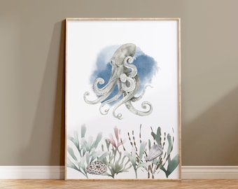 Arte mural de pulpo en acuarela, pulpo digital, póster de pulpo, impresión artística de casa de playa, acuarela de vida marina, arte de criaturas marinas, decoración de pared oceánica