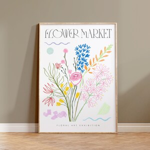 Flower Drawing Print, Flower Market Wall Art, Botanical Printable, Flower Digital Download, Floral Wall Art, Colorful Flower Art, Home Decor