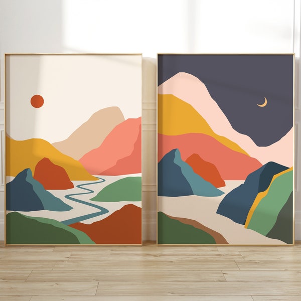 Set of 2 Printable Abstract Mountain Art, Modern Mountain Art, Boho Landscape Art, Day and Night Landscape Poster, Scenery Digital Print