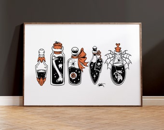 Magic Potions Print, Halloween Home Decer, Poison Printable, Bar Cart Art, Witchy Halloween, Horizontal Halloween Wall Art, Spooky Kitchen