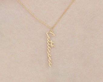 14K Solid Gold Personalized Vertical Name Necklace, Custom Script Name Necklace, Upright Name Necklace, Mothers Day Gift, Christmas Gift