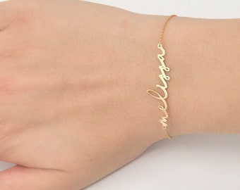 14K Solid Gold Name Bracelet, Custom Name Bracelet, Dainty Name Bracelet, Thin Chain Delicate Name Bracelet, Script Font Bracelet