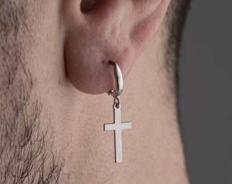 Cross Earrings - Mens Cross Earrings - Minimalist Drop Charm - Dainty Faith Jewelry - Christian Gift For Him - Christian Faith Jewelry