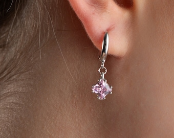 Birthstone Hoop Earrings, October Birthstone Earrings, Pink Tourmaline Earrings, Hoops with Dangling Birthstone Earrings, Christmas Gift