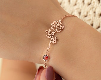 Gold Birthstone Flower Bracelet: Personalized Solid Silver Jewelry