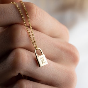 14K Gold Padlock Necklace, Initial Lock Necklace, Padlock Necklace, Mini Lock Pendant, Engraved Lock Necklace, Old English Letter Necklace