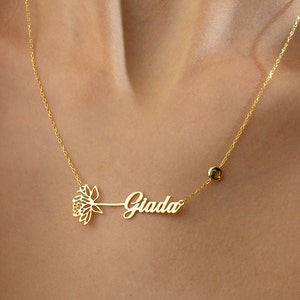 Horizontally Birth Flower Name Necklace, Personalized Birth Flower Name Necklace with Birthstone, Gold Flower Name Necklace, Christmas Gift