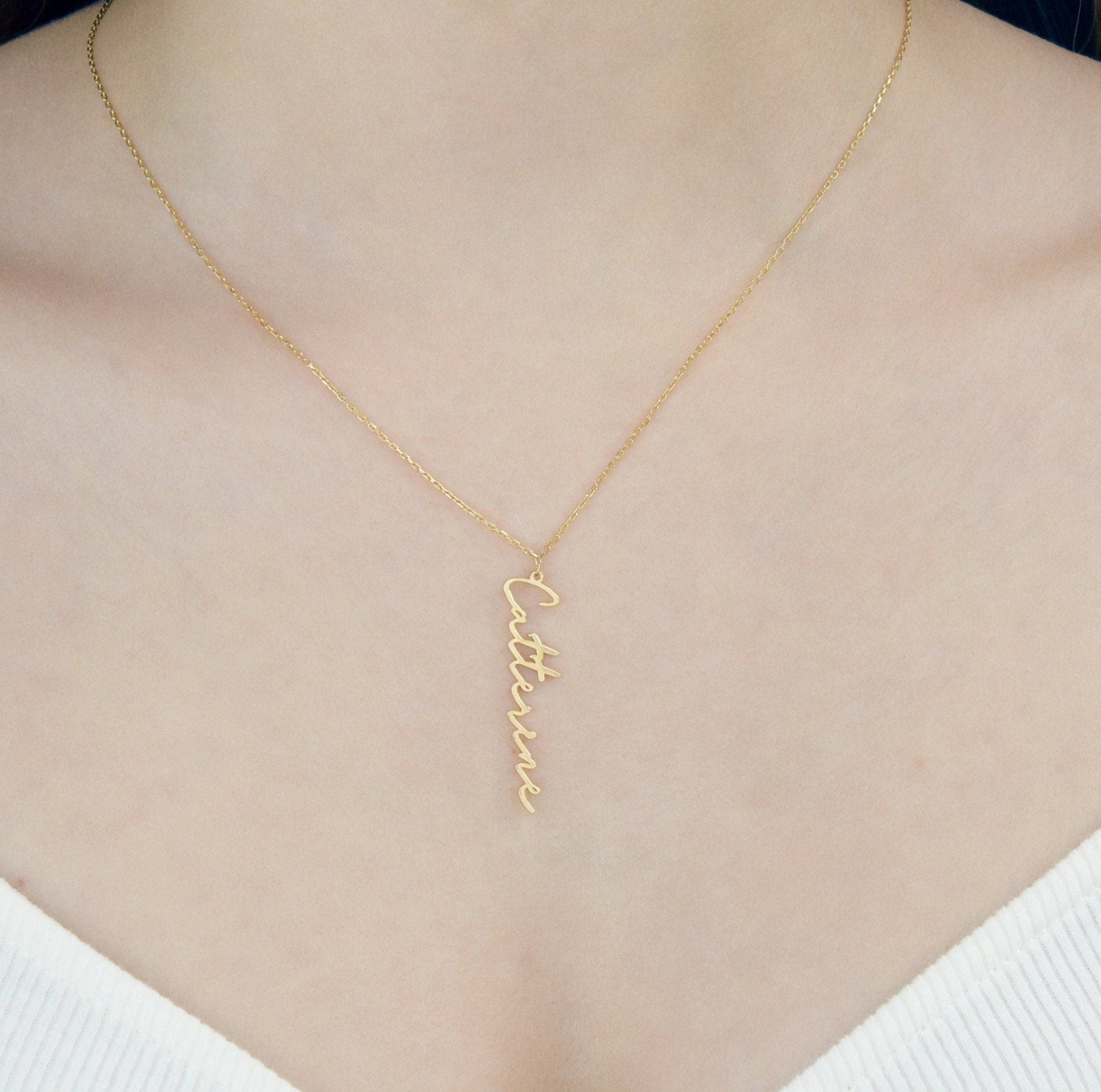 14K Solid Gold Vertical Name Necklace: Custom Script Jewelry