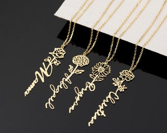 Personalized Birth Flower Name Necklace: Sterling Silver Floral Jewelry