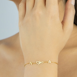Pulsera inicial de oro macizo de 14 quilates, pulsera de letra personalizada, pulsera inicial delicada, pulsera inicial minimalista, pulsera infinita y de corazón