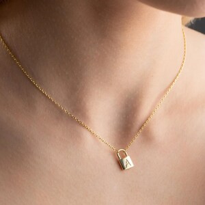 14K Gold Initial Padlock Necklace - Gothic Letter Engraved Lock Pendant