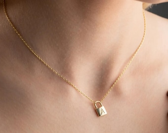 14K Gold Initial Padlock Necklace - Gothic Letter Engraved Lock Pendant