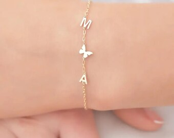 14K Solid Gold Initial Bracelet: Personalized Letter Charm, Couples Jewelry