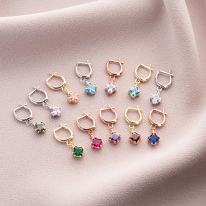 Dangle Drop Birthstone Earrings, 14K Gold Birthstone Hoop Earrings, Dangling Birthstone Earrings, Birthstone Earrings, Christmas Gift image 3