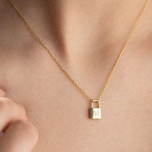 Padlock Necklace - 14K Gold Lock Pendant - Mini Padlock Pendant - Engraved Lock Jewelry - Initial Letter Necklace - Gothic Letter Jewelry
