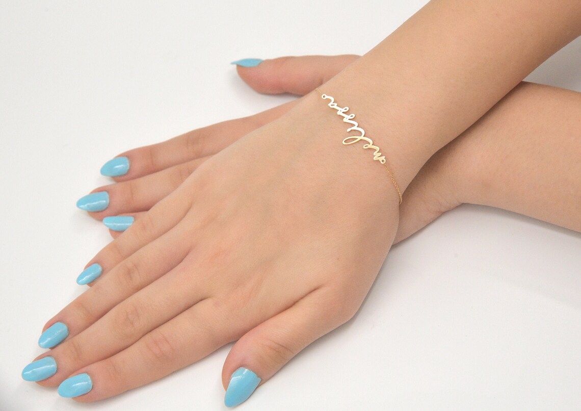 14K Solid Gold Name Bracelet Custom Name Bracelet Dainty Etsy