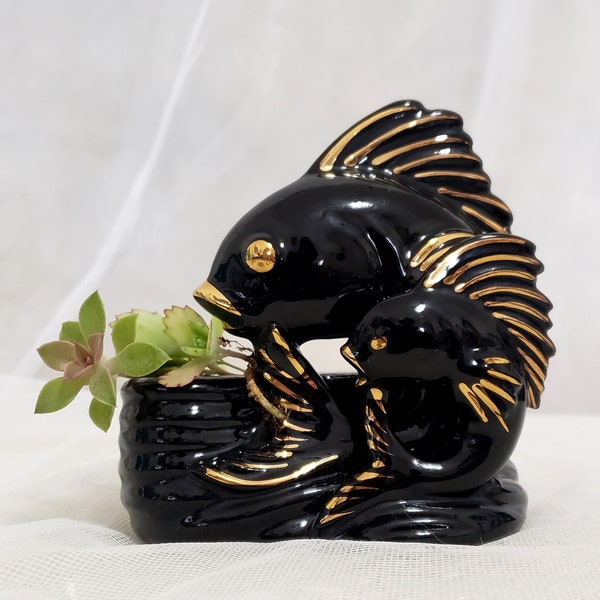 Vintage Ceramic Fish Planter Black Gold Made in Japan Trinket Dish