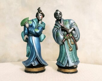 Vintage Pair Asian Statues Figurines Chinese Chinoiserie Decor Ceramic