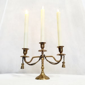 Vintage Brass Candelabra 3 Arm Candle Holder Braided Rope Tassel Detail ...