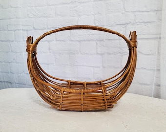 Vintage Rattan Boat Basket with Handle | Mid Century Woven Bentwood