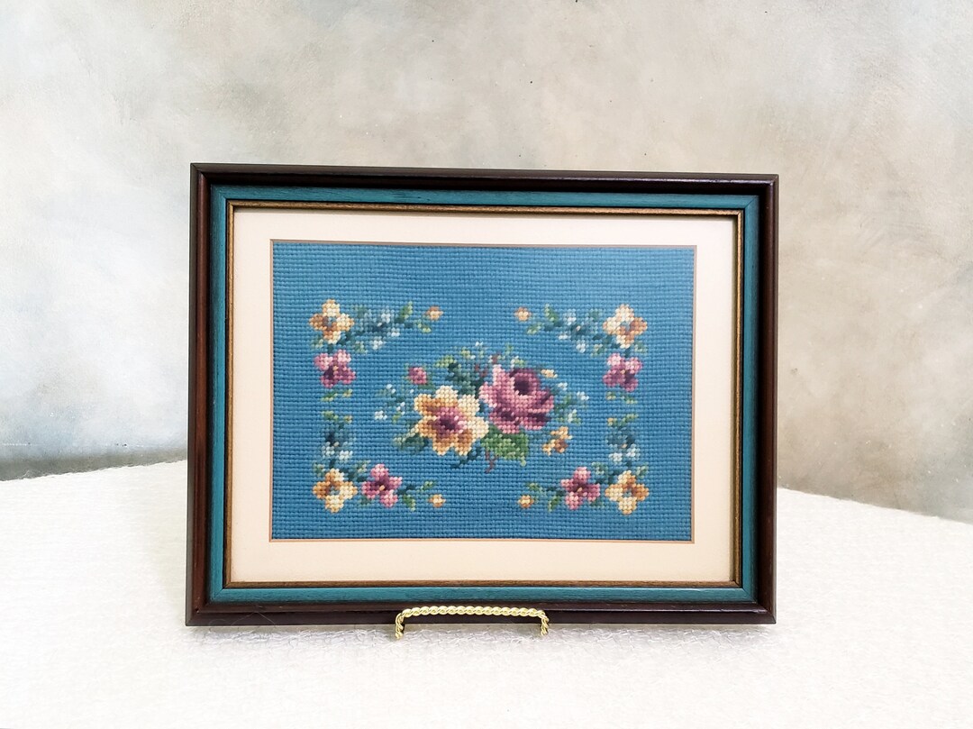 Vintage Framed Embroidery Flowers Wall Art Cross Stitch Wall Hanging