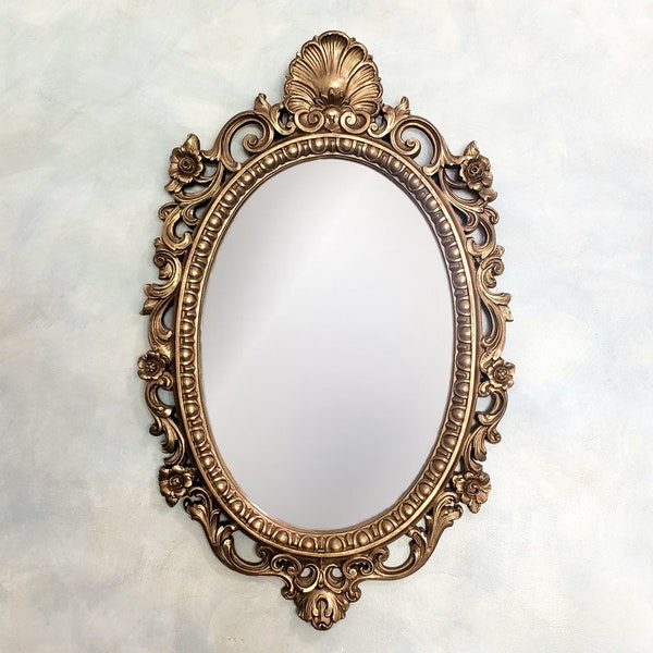 Vintage Shell Floral Wall Mirror 28"x18" Hollywood Regency Ornate Gold Mid Century Syroco Style