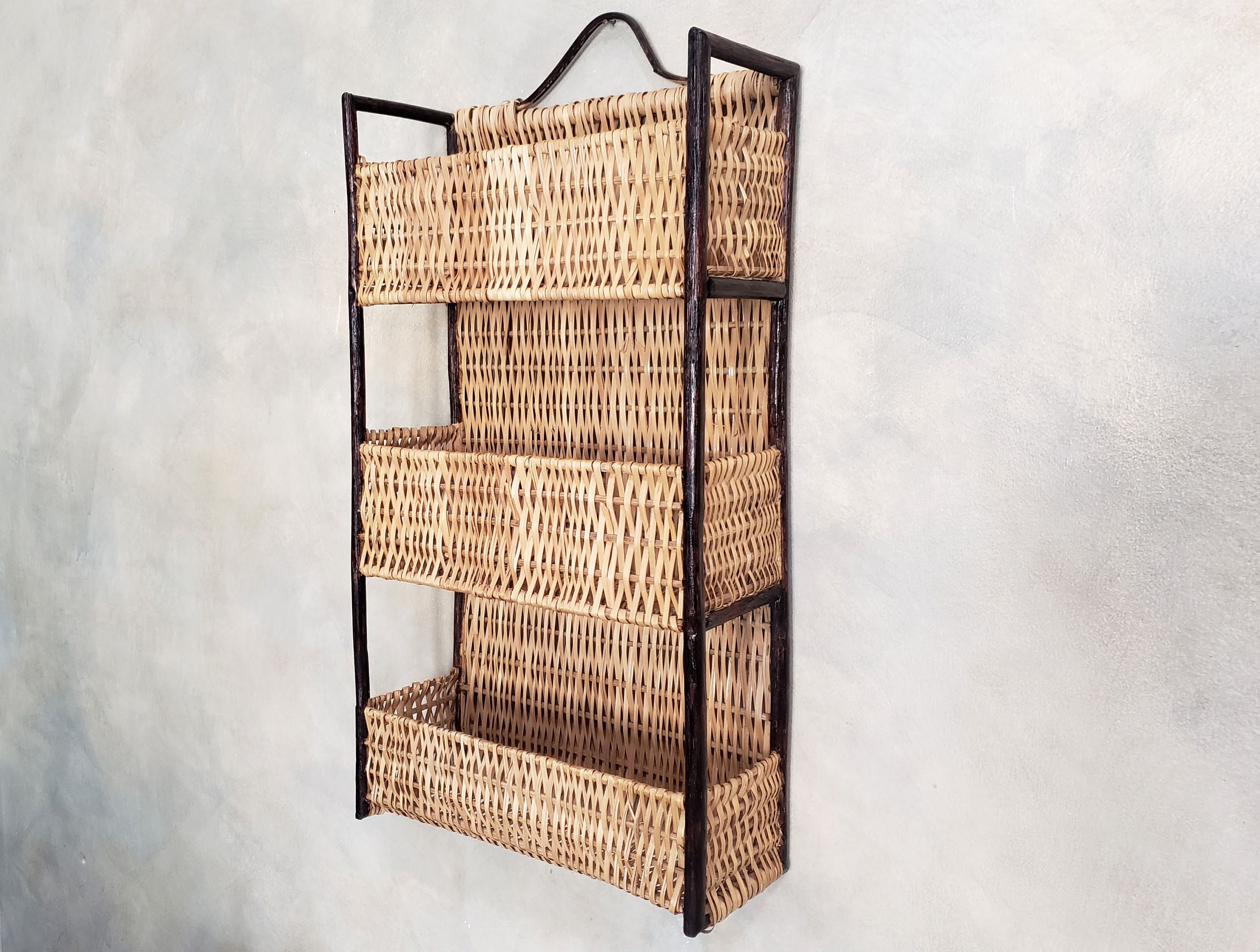 Wood 3 Tier Shelf With 3 Rattan Baskets, Combo Rattan Basket And Shelf