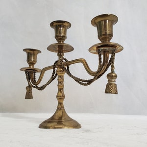 Vintage Brass Candelabra 3 Arm Candle Holder Braided Rope Tassel Detail ...