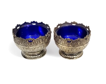 Vintage Silverplate Open Salt Cellars Cobalt Glass Liners Pair Raymond Japan
