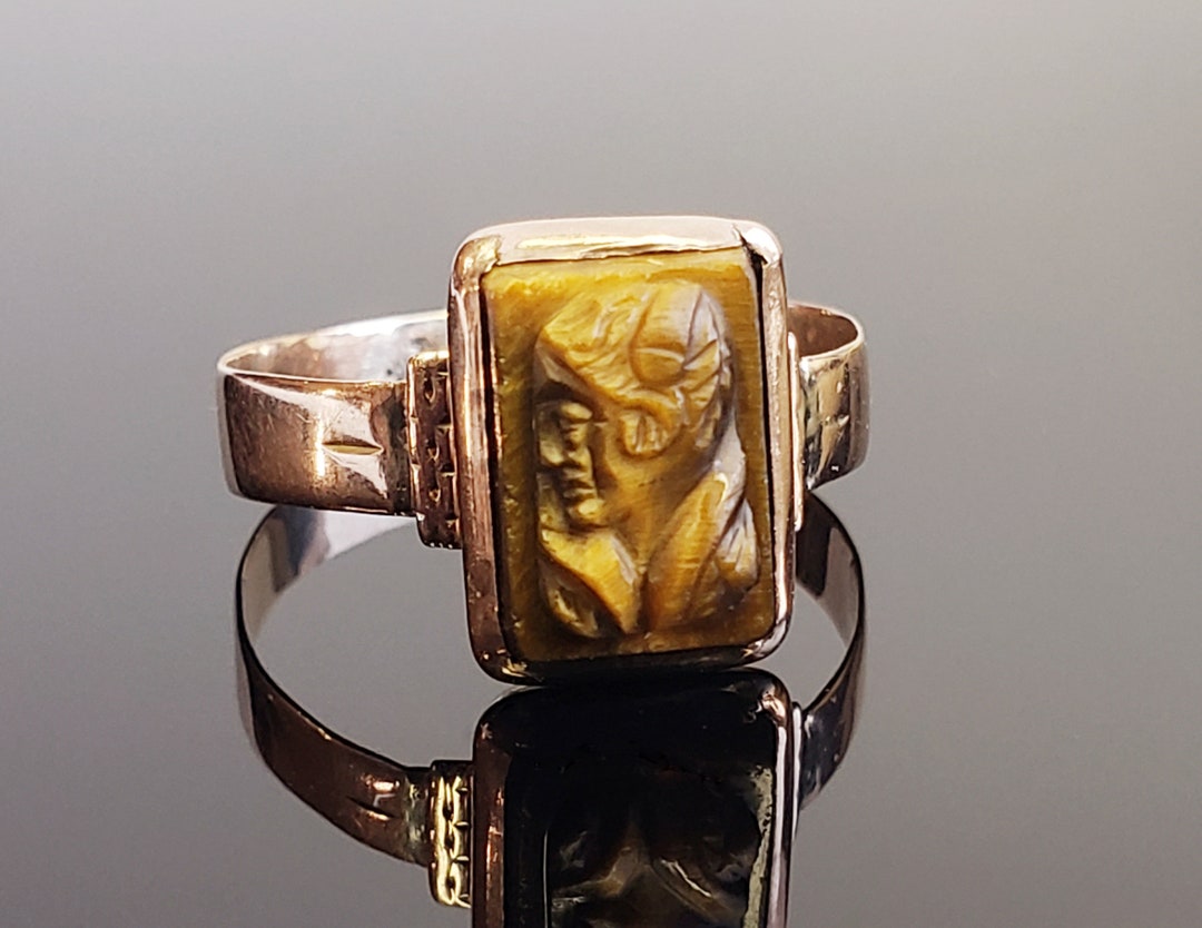 Antique Tiger Eye Cameo Ring Unisex Size 7 Victorian Jewelry Rose Gold