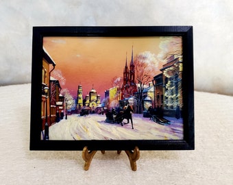 Vintage Small Painting Snow City Scene Russian? Print Framed