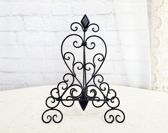 Vintage black ornate scroll easel stand, 13 in tall